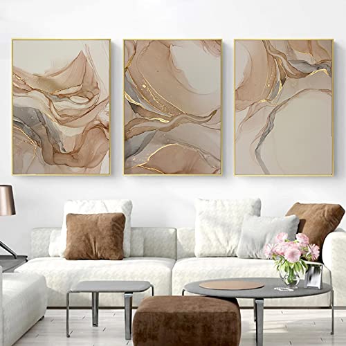 Abstraktes Beige Gold Braun Leinwanddruck Flüssige Kunst Moderne Malerei Wandbilder Leinwand Wandkunst für Wohnzimmer Dekoration Wanddeko Rahmenlos 50 × 70 cm × 3 Stück