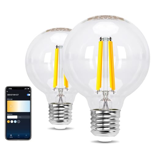 Aigostar Smart LED Glühbirne E27， 6W Vintage Glühbirnen， G80 Transparent Globe， 850LM Warmweiß Dimmbar 2700K -6500K， Kompatibel mit Alexa und Google Hom， Kein Hub erforderlich， 2.4GHz WiFi， 2 Stücke