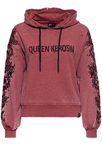 Queen Kerosin Damen Damen Hoodie | Hochwertige Stickereien | Nieten Details | Boyfriend Fit Rose Face