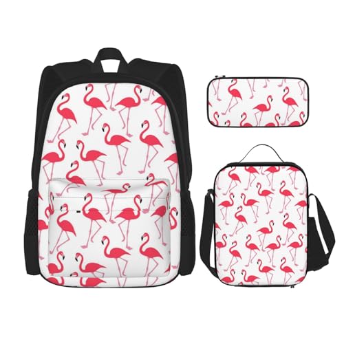 Mehrzweck-Schultasche mit niedlichem buntem Hundepfoten-Design, mit passendem Federmäppchen und Lunch-Tasche, stilvolle All-in-One-Lösung, Rosa Flamingo-Muster, Einheitsgröße