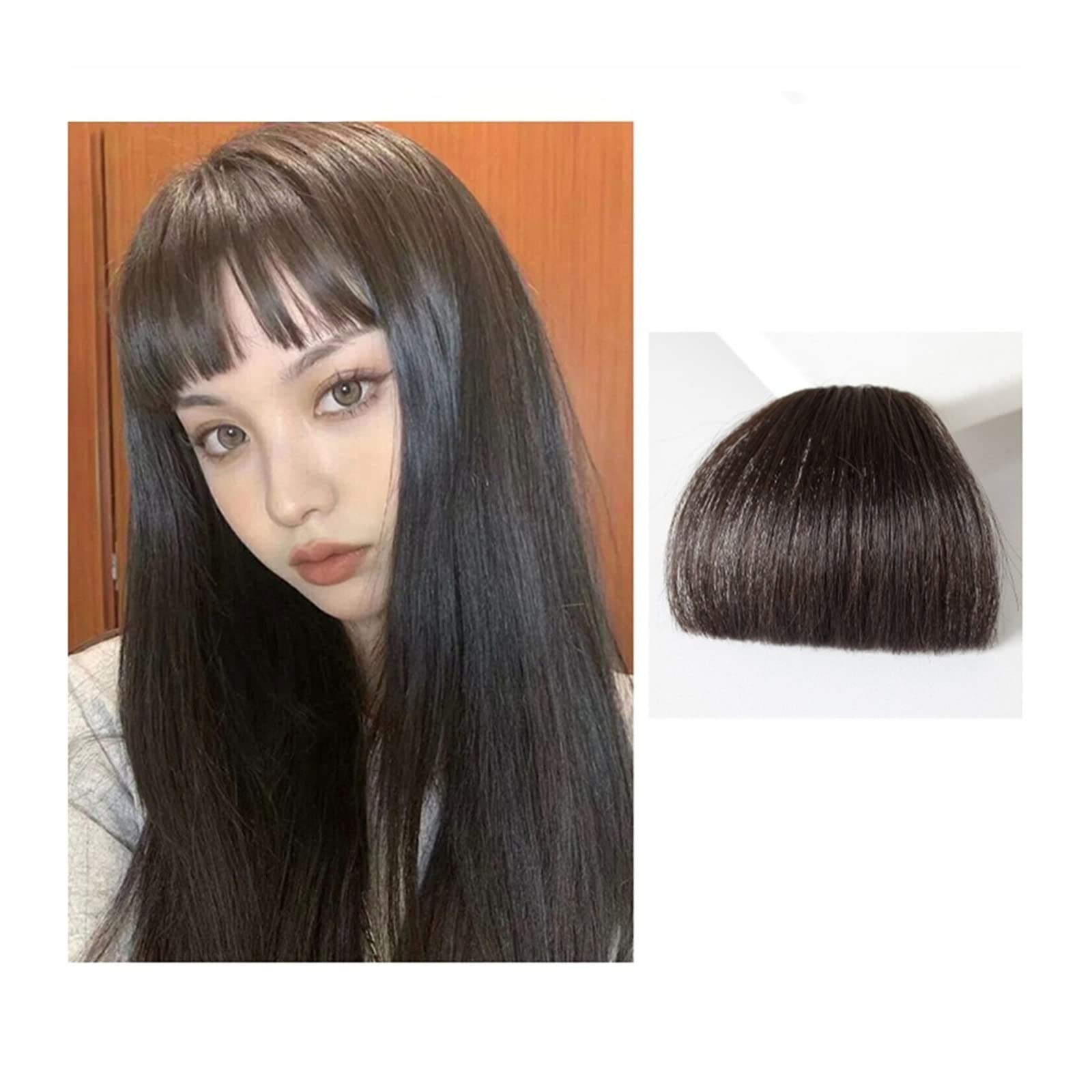 Pony Extension für Damen Natürliches synthetisches Haar, flacher Pony/Fransen, Mini-Kunsthaar-Pony, modisch, einteilig, Clip-in-Air-Pony-Haarverlängerung for Frauen Fringe Bangs(Black brown)