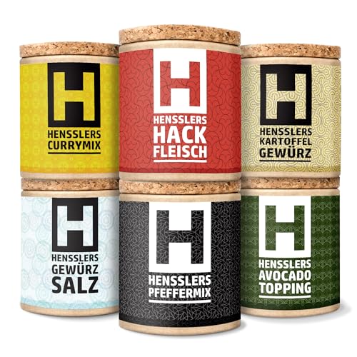 HENSSLERS 6er Gewürz-Set – Salz, Pfeffer, Curry, Kartoffelgewürz, Hackfleisch und Avocado Topping, zum Braten, Grillen, Verfeinern, Kochen uvm., 5x 80 g und 1x 50 g