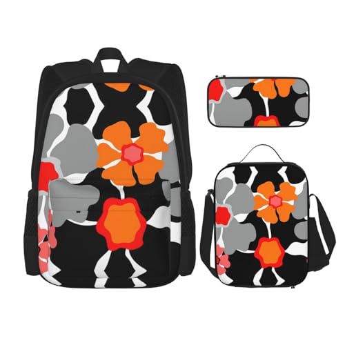 WURTON Retro-Blumenmuster, trendiger Rucksack, Tasche, Lunchbox und Federmäppchen, 3-in-1, verstellbares Rucksack-Set