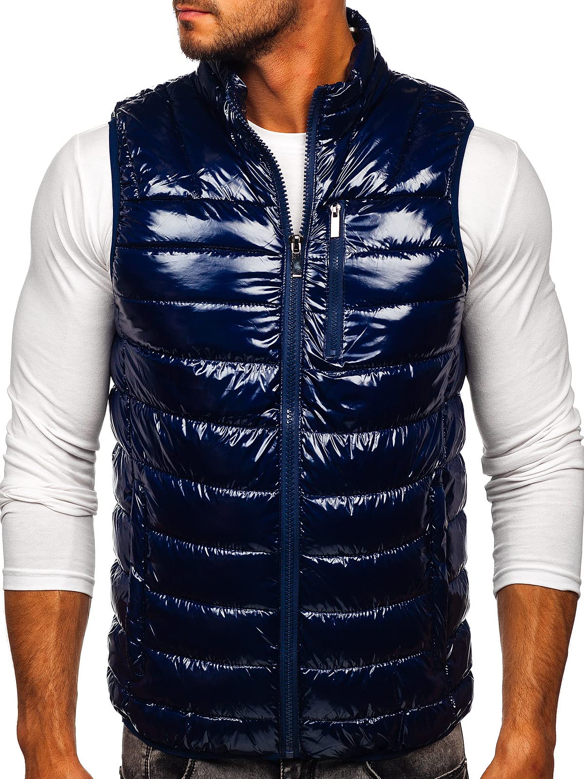 BOLF Herren Weste Stehkragen Steppweste Bodywarmer Daunenweste Reißverschluss Weste Ärmellose Sportweste Zip Wärme Freizeit Outdoor Style R0109A Dunkelblau 3XL [1U1]