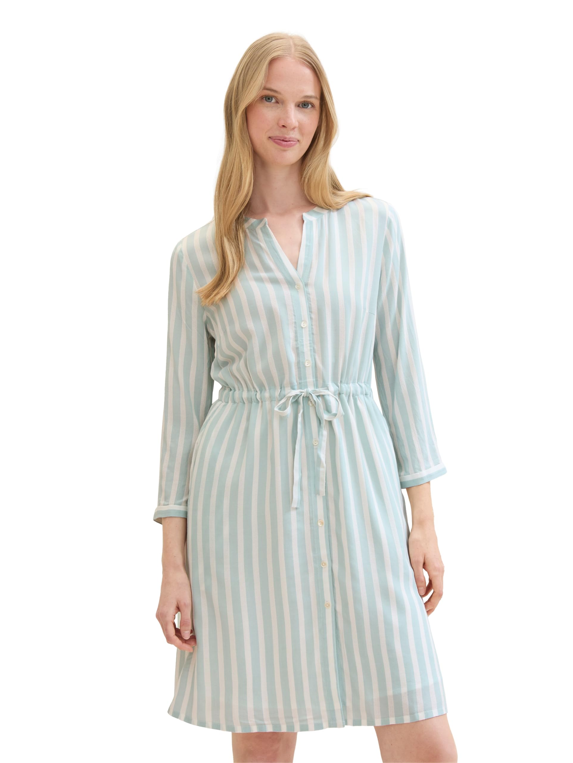 TOM TAILOR Damen Kleid mit Streifen & Bindegürtel, mint blue offwhite stripe, 36