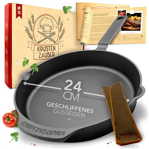 KRUSTENZAUBER 24cm Gusseisenpfanne Induktion - Fein Geschliffene Gusseisen Pfanne - Ideale Grillpfanne Induktion, Eisenpfanne, Cast Iron Pan, Bratpfanne, Gusseiserne Pfanne Skillet Gusspfann