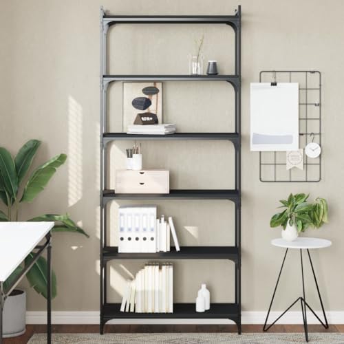 KLYEON Bücherregal 6 Böden Schwarz 80x30x188 cm Holzwerkstoff,Praktisches Bücherregal aus Holzwerkstoff mit Metallrahmen für modernes Wohnen Regalsysteme