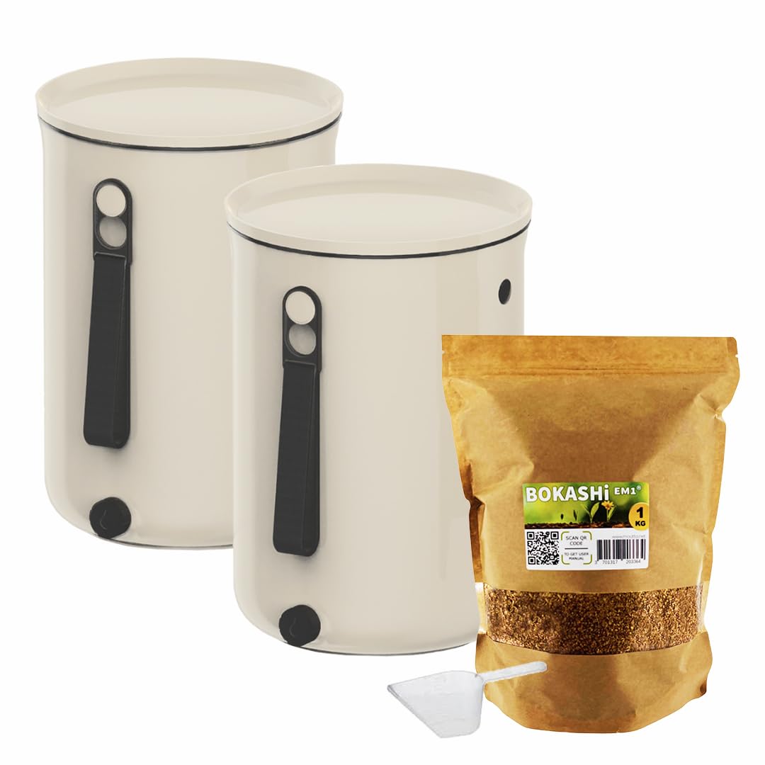 Moutta | 2er-Set Eimer Bokashi Organko 2 Weiß (9,6L) | Organischer Komposter mit Verdichter + 1 kg EM-1 Fermentationsaktivator