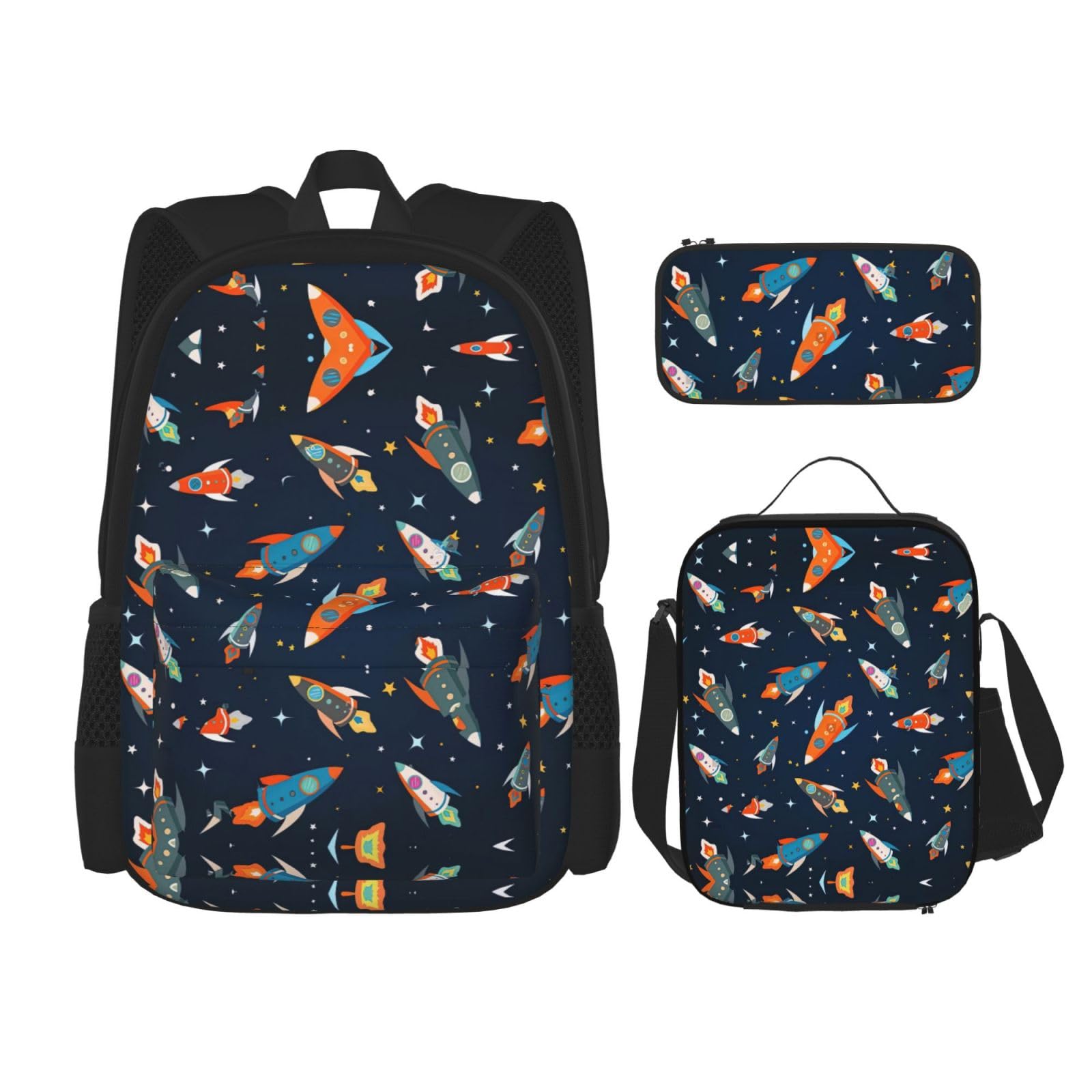 WURTON Rocket In Space Print Reise Lunchbox Federmäppchen Rucksack Set 3 Stück Verstellbare Träger Leicht, Schwarz, Einheitsgröße, Schwarz , Einheitsgröße