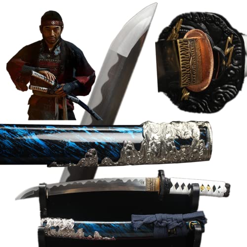 LQSMX sword Ghost of Tsushima Cosplay Replica Schwert,EIN Satz echter Samuraischwirter Handschmiedeter Federstahl (20im Samurai Schwert)