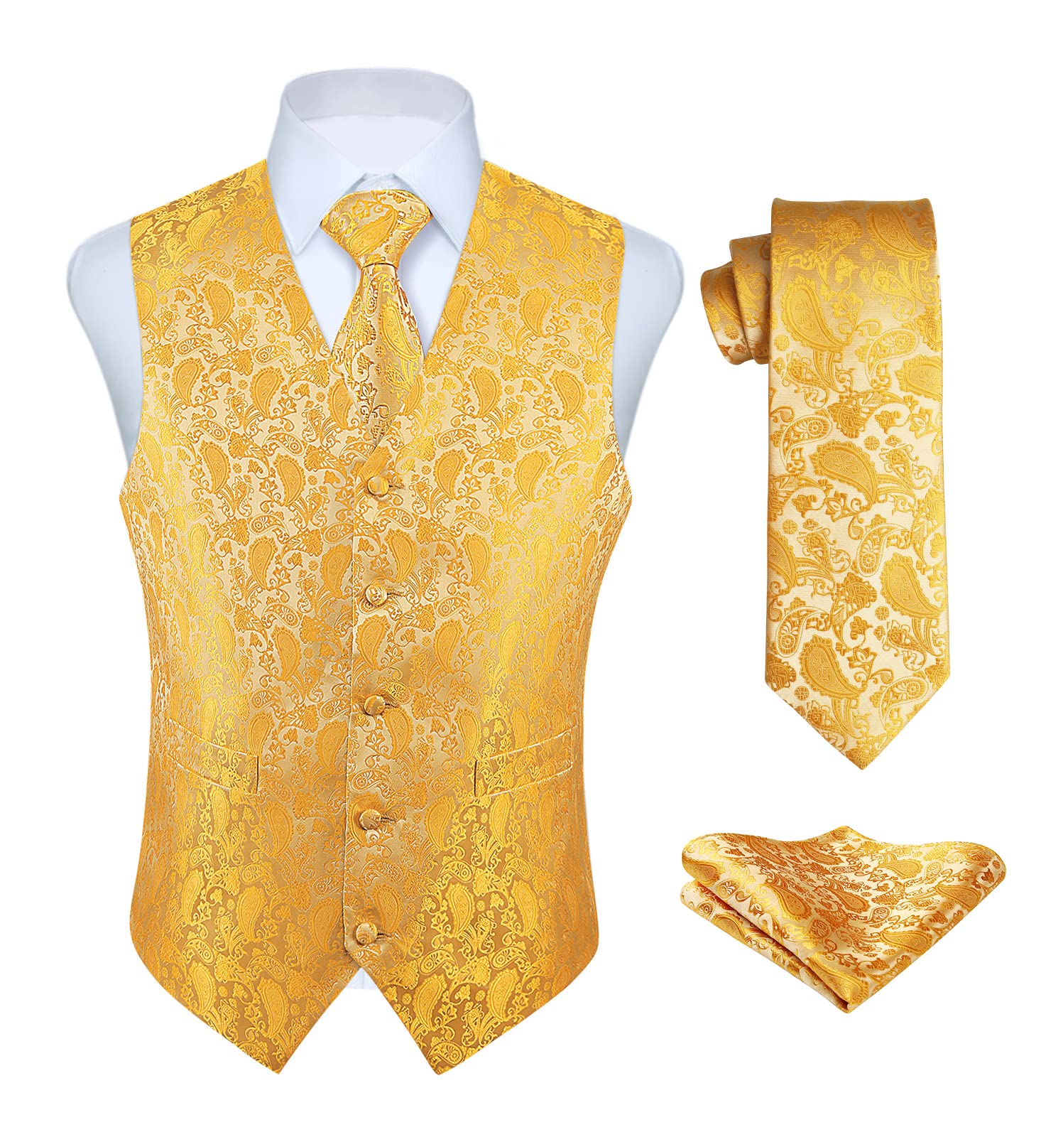 Enlision Anzugweste gelb Herren Hochzeit Paisley Westen & Krawatte Einstecktuch Party Floral Jacquard Anzug Weste Set L