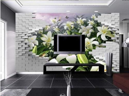 Weiße Backsteinmauer Weiße Lilie Schmetterling 3D Tapete Poster Restaurant Schlafzimmer Wohnzimmer Sofa TV Dekorative Wand-300cm×210cm