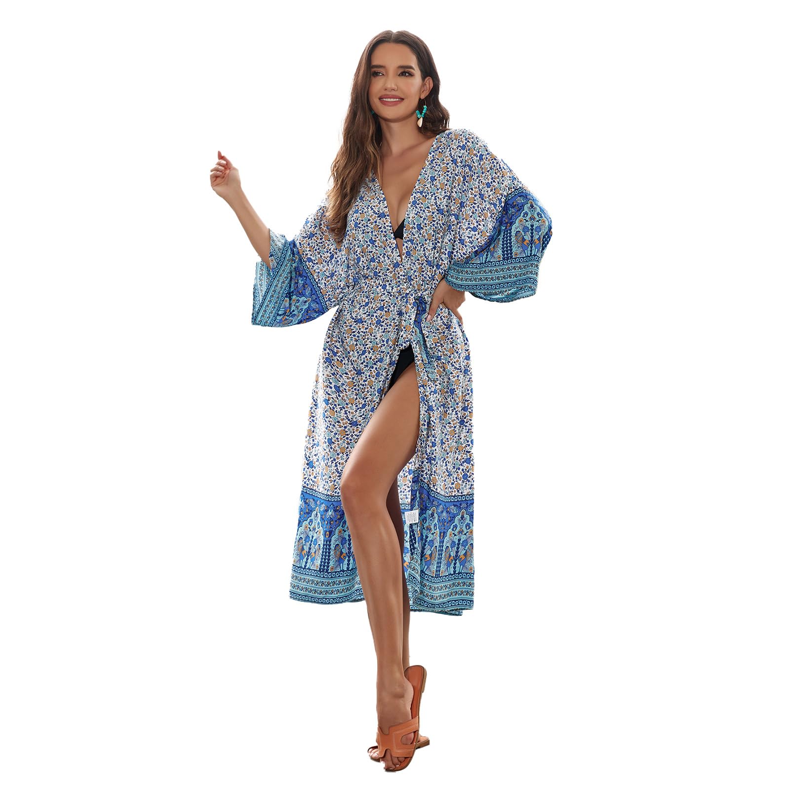 Zdprkqzvz Frauen Langarm Kimono Badeanzug Up Böhmische Vorne Offen Lose Strickjacken Schal Strand Kleid Mit Gürtel