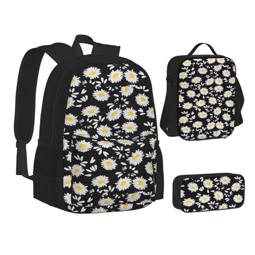 WURTON Büchertasche mit Gänseblümchen-Druck, Federmäppchen, 3-in-1, Schulrucksack-Set, Kinderrucksack, Weiß