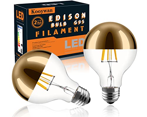 Kooywan LED G95 E27 Filament Lampe 6 Watt Kopfspiegel Gold 2700K Warmweiß Goldene Krone Halb Verchromte Schattenlose Glühlampe 2 Stk