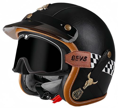 3/4 Vintage Helm Retro Motorradhelm Erwachsene Halbhelm ECE Approved Vintage Für Männer Und Frauen Mit Schutzbrille Offenes Gesicht Mopedhelm H,M54-56CM