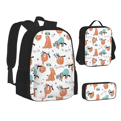 WURTON Braunes Faultier-Druck-Rucksack-Lunchbox-Set, 3-in-1-Büchertasche und Federmäppchen, passende Kombination, Schwarz, Einheitsgröße