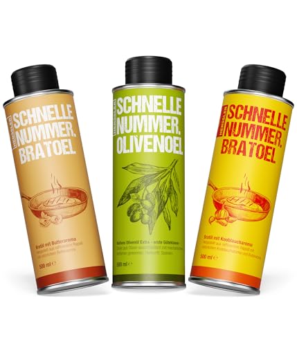 HENSSLERS Ölrounder 3er Set – Bratöl auf Rapsbasis mit Butternote und Knoblaucharoma, Olivenöl für warme und kalte Speisen, vegan, 3 x 500 ml