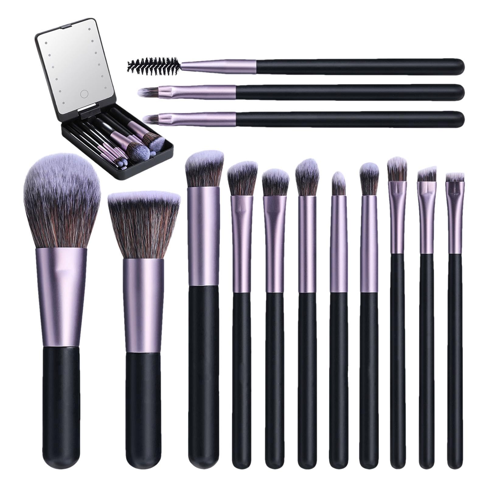 Weppduk Reise-Make-up-Pinsel,Reise-Make-up-Pinsel-Set | Tragbares kleines Make-up-Pinsel-Set, Make-up-Pinsel-Set, 14 Stück | Make-up-Pinsel-Set mit LED-Spiegel und Etui für Ausflüge und Reisen