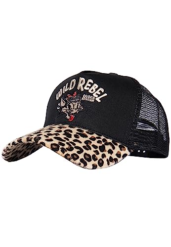 Queen Kerosin Damen Trucker Cap | Leopardenmuster | Caps | Bikercap | Leopardenfell| Frontstickerei | Truckerkappe | Meshcap | 7 Lochverschluss Wild Rebel