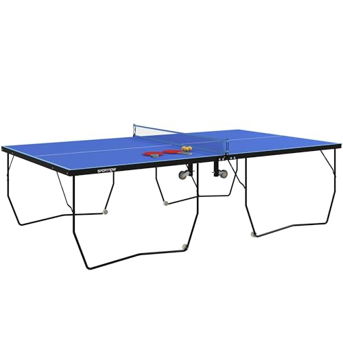 SPORTNOW Tischtennisplatte Outdoor, Klappbar Tischtennistsich mit Netz, Rollen, 2 Tischtennisschlägern und 3 Bällen, Stahl, Blau, 274 x 152,5 x 76 cm