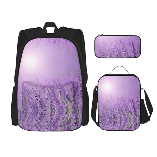 WURTON Romantischer Schulrucksack, 3-in-1, Büchertaschen-Set mit Lunchbox, Federmäppchen, Reise-Laptop-Tagesrucksack, Violett