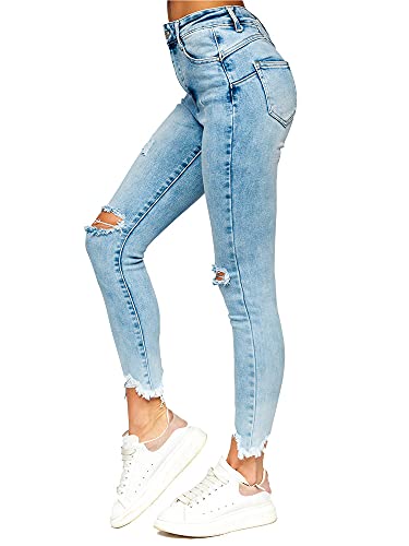 BOLF Damen Jeanshose High Waist Jeans Push Up Jeanspants Sweatpants Used Look Denim L82-5 Blau L [F6F]