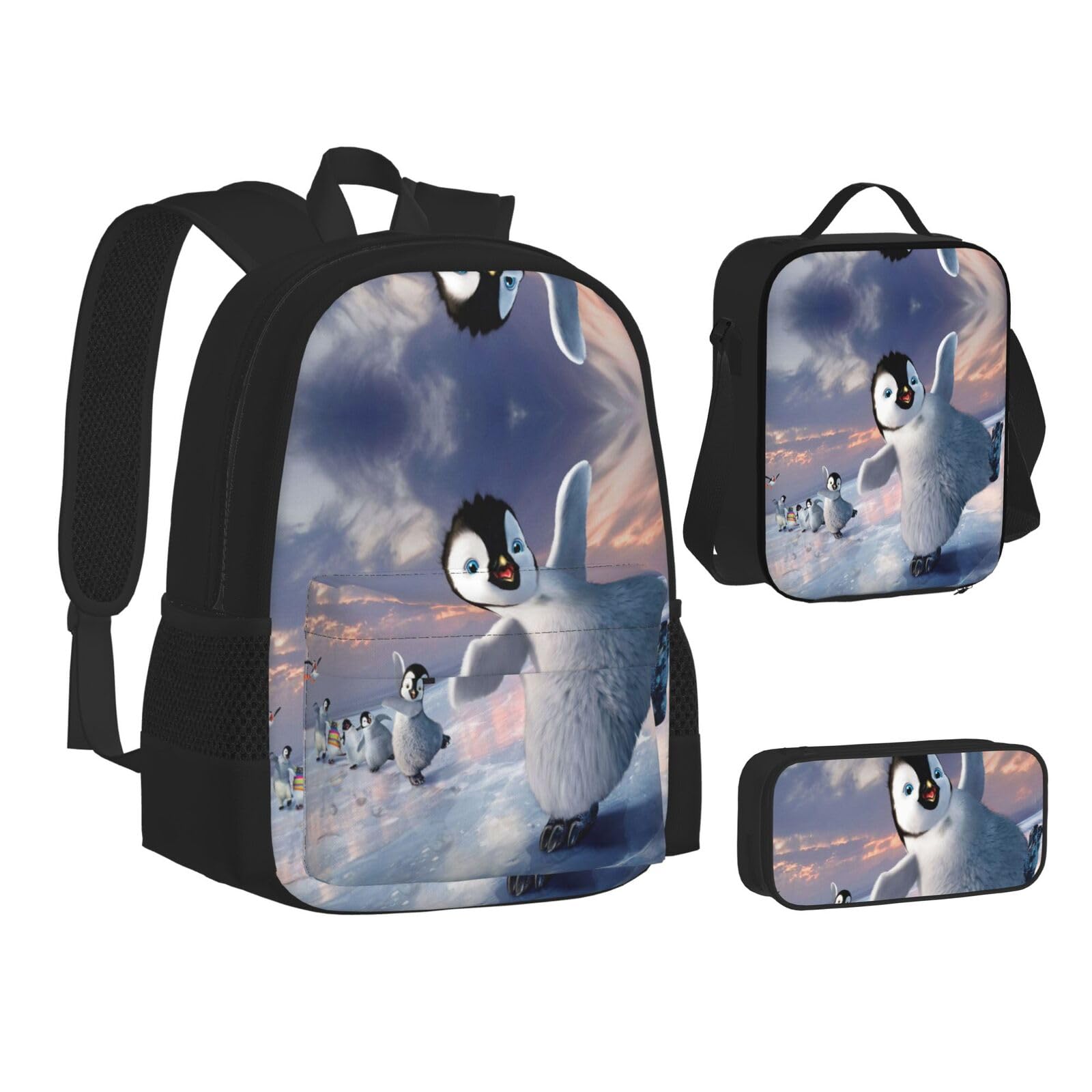 WURTON Lunchbox-Set mit Pinguin-Aufdruck, 3-in-1-Rucksack und Federmäppchen, passende Kombination, Schwarz, Einheitsgröße