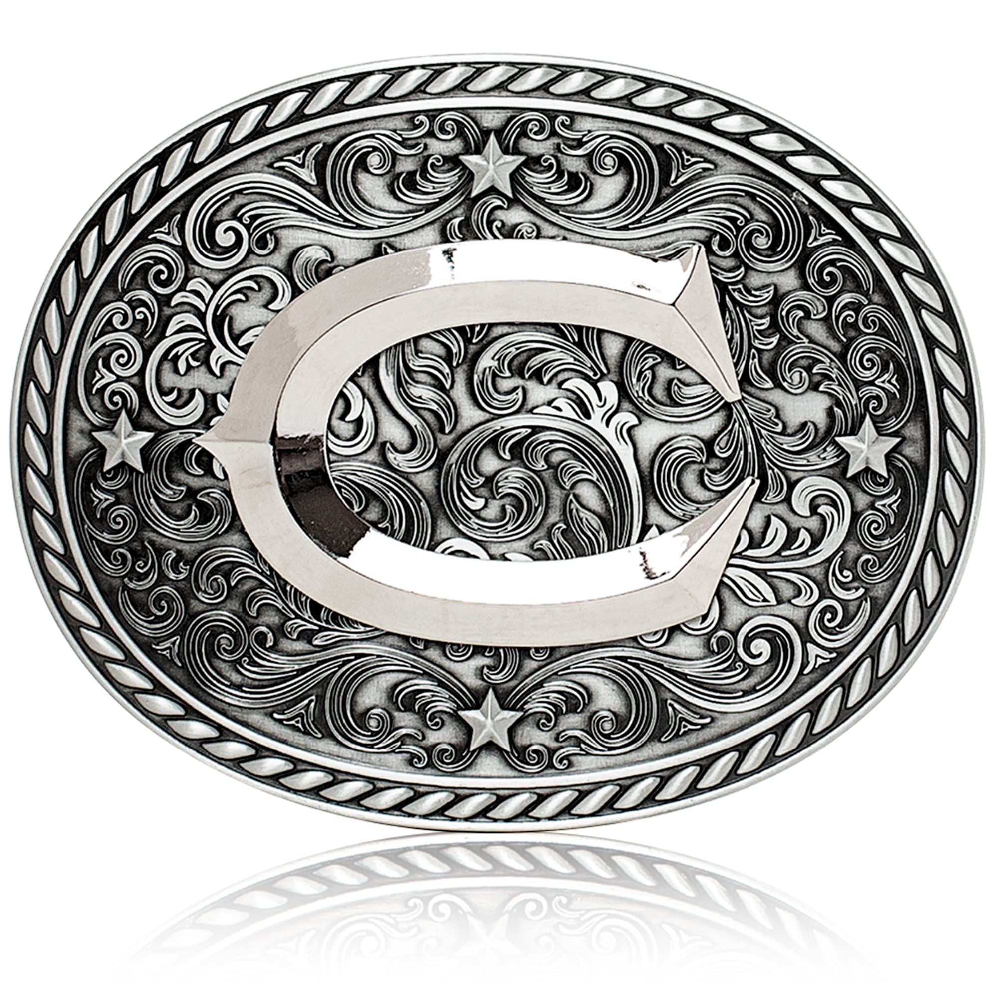 Western Cowboy/Cowgirl Initiale Gürtelschnalle – Silber – große Buchstabenschnallen für Damen und Herren, silber, C