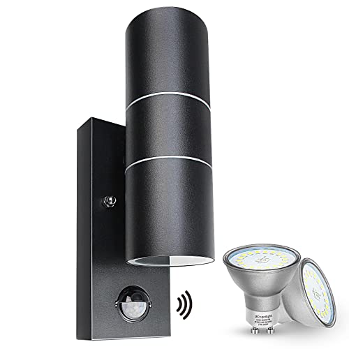 Wondlumi Außenleuchte LED mit Bewegungsmelder IP44 Modern GU10 Aussenleuchten Schwarz Up und Down 230V Wandlampe Aussen inkl.2x 5W Warmweiß Glühbirne, 1 Stück