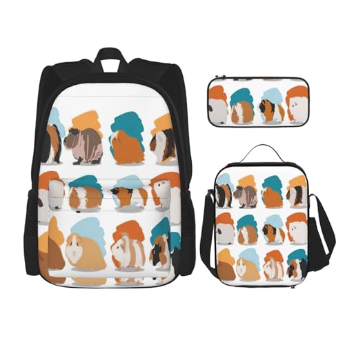 WURTON Meerschweinchen-Illustrationsdruck, verstellbare Schultergurte, Rucksack-Set, Lunch-Tasche, Federmäppchen, Kombinationstaschen-Set