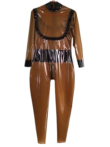 Latex 100% Gummi Catsuit Brauner Body Schwarzer Spitzenbesatz 0,4 mm