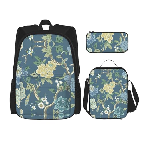 WURTON Rucksack mit blauem und gelbem Blumendruck, 3-in-1, Büchertaschen-Set, Lunchbox, Federmäppchen, Reise-Laptop-Tagesrucksäcke, Schwarz, Einheitsgröße