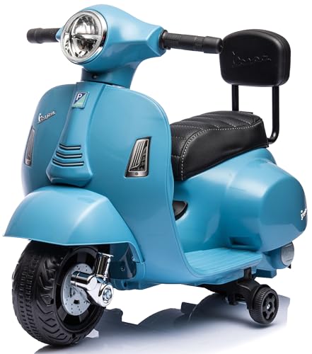 Vespa Elektro Motorrad für Kinder ab 18 Monaten mit Hupe, Gaspedal, Beleuchtung, Seitenrädern. Elektroroller, Kinderroller, Kindermotorrad, Elektrofahrzeuge (Blau mit Rückenlehne)