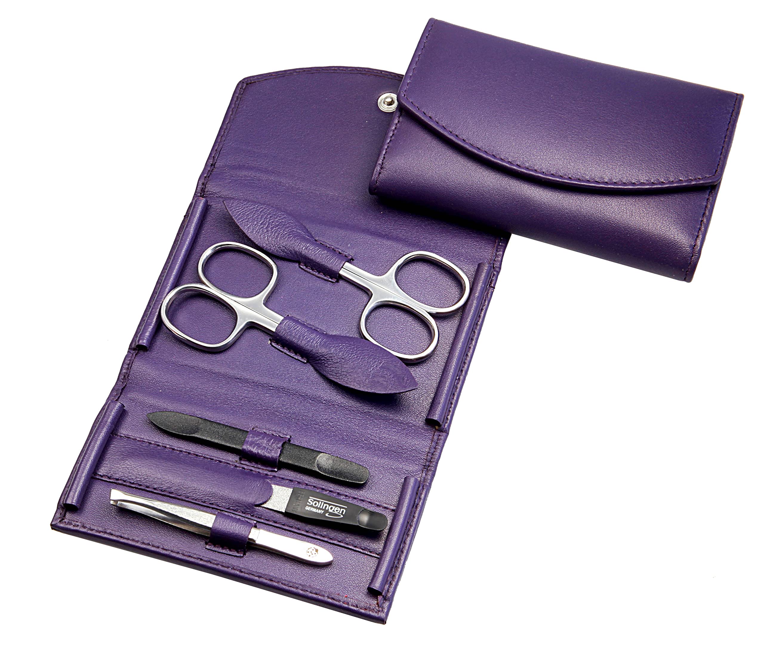 Maniküre Set - 5 teiliges Nagelpflegeset - Echtes Nappa-Lammleder Manicure Etui - Nagelschere, Hautschere, Nagelfeile, Pinzette und Doppelinstrument (Lila)