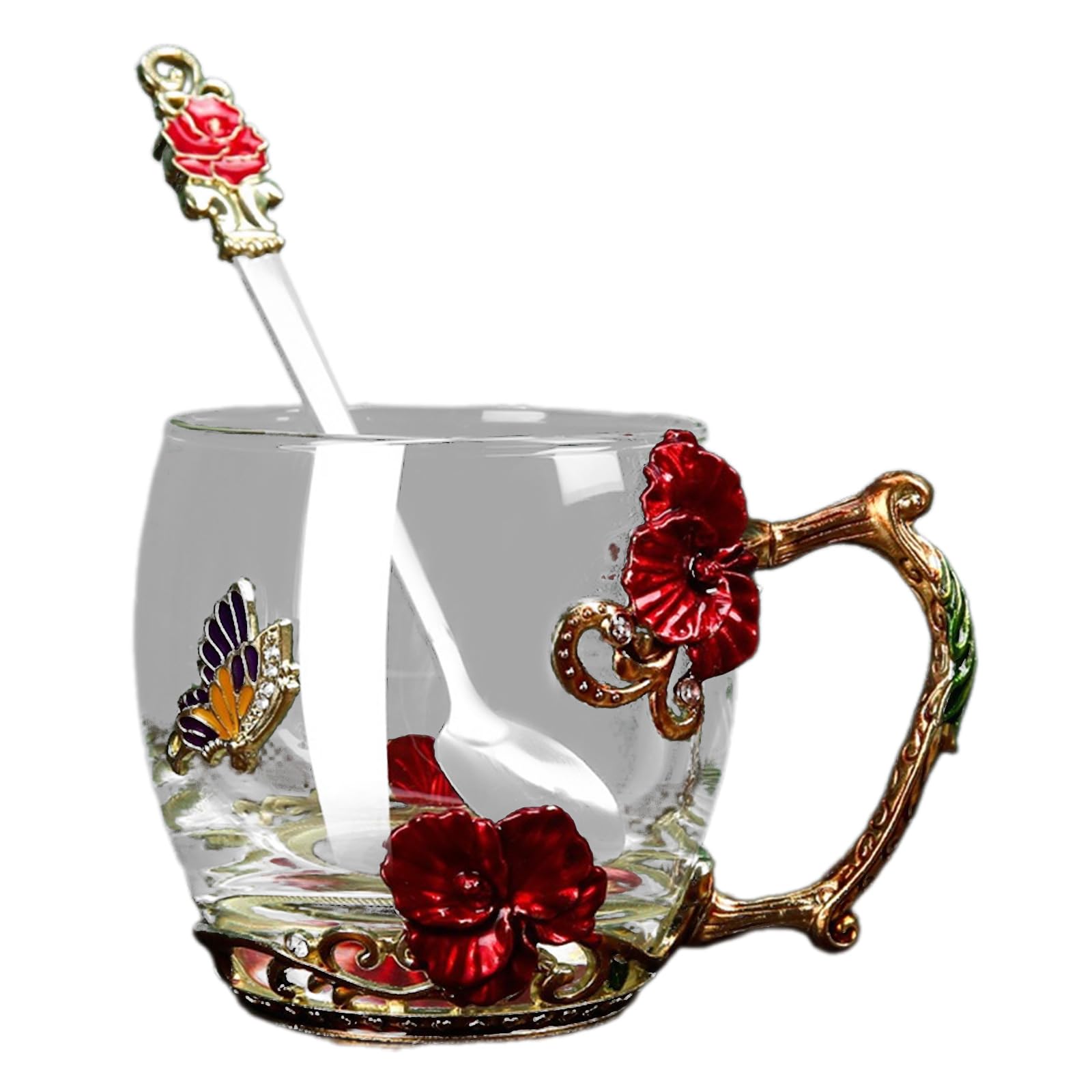 Moderne Emaille-Tasse und Löffel, Glasbecher, Kollektion, zarte Schmetterlinge, Blumen, emaillierte Gläser