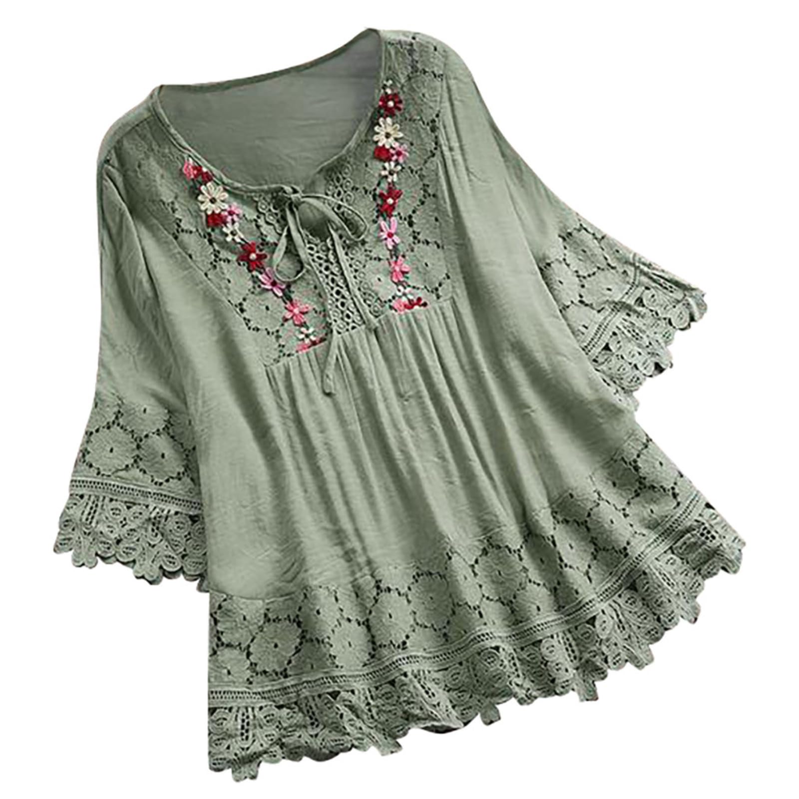 WINDEHAO Plus Size S-5XL Damen Baumwolle Leinen Bluse, Elegante Stickerei Blumen Spitze Hemden, Hohl Lace Up Tops Chemise