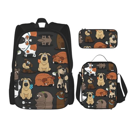 WURTON Bulldog Corgi Print Schulter-Rucksack 3-in-1 Büchertaschen-Set Lunchbox Federmäppchen Reise Laptop Tagesrucksäcke, Schwarz, Einheitsgröße