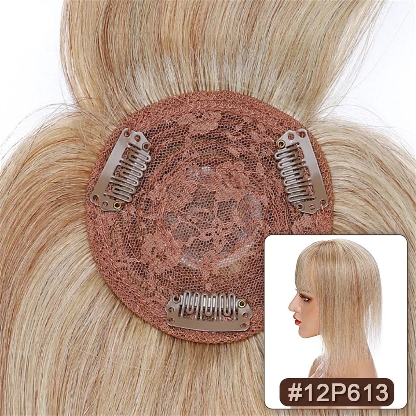 Haartopper für Frauen Haaraufsätze for Frauen mit dünner werdendem Haar, glatter Echthaaraufsatz mit Pony, 8,5 x 8,5 cm, weiche, atmungsaktive indische Haarteile mit 3 Clips Haarteil Topper Toupet Fra