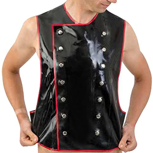 Schwarzes und rotes Trimmen Sexy Latex-Weste-Shirt mit Knöpfen und Gürteln Gummi-Kleidungs-Trägershirt,schwarz mit rot,XS