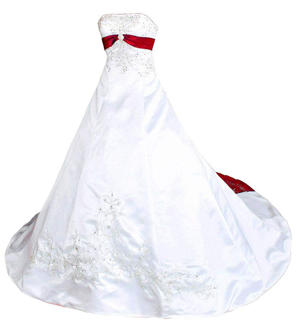 Zorayi Damen Vintage A-Linie Satin Stickerei Brautkleid Hochzeitskleider Weiß & Rot Größe 34