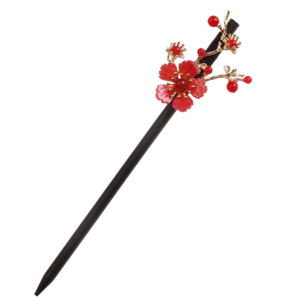 Retro-Haarbalken, chinesische Haarschläge, Haarstäbchen aus Holz for Dutts, rote Blume, dekorative Haarstäbchen, handgefertigt, elegante Haarnadeln, chinesische klassische Holzstäbchen for Frauen H