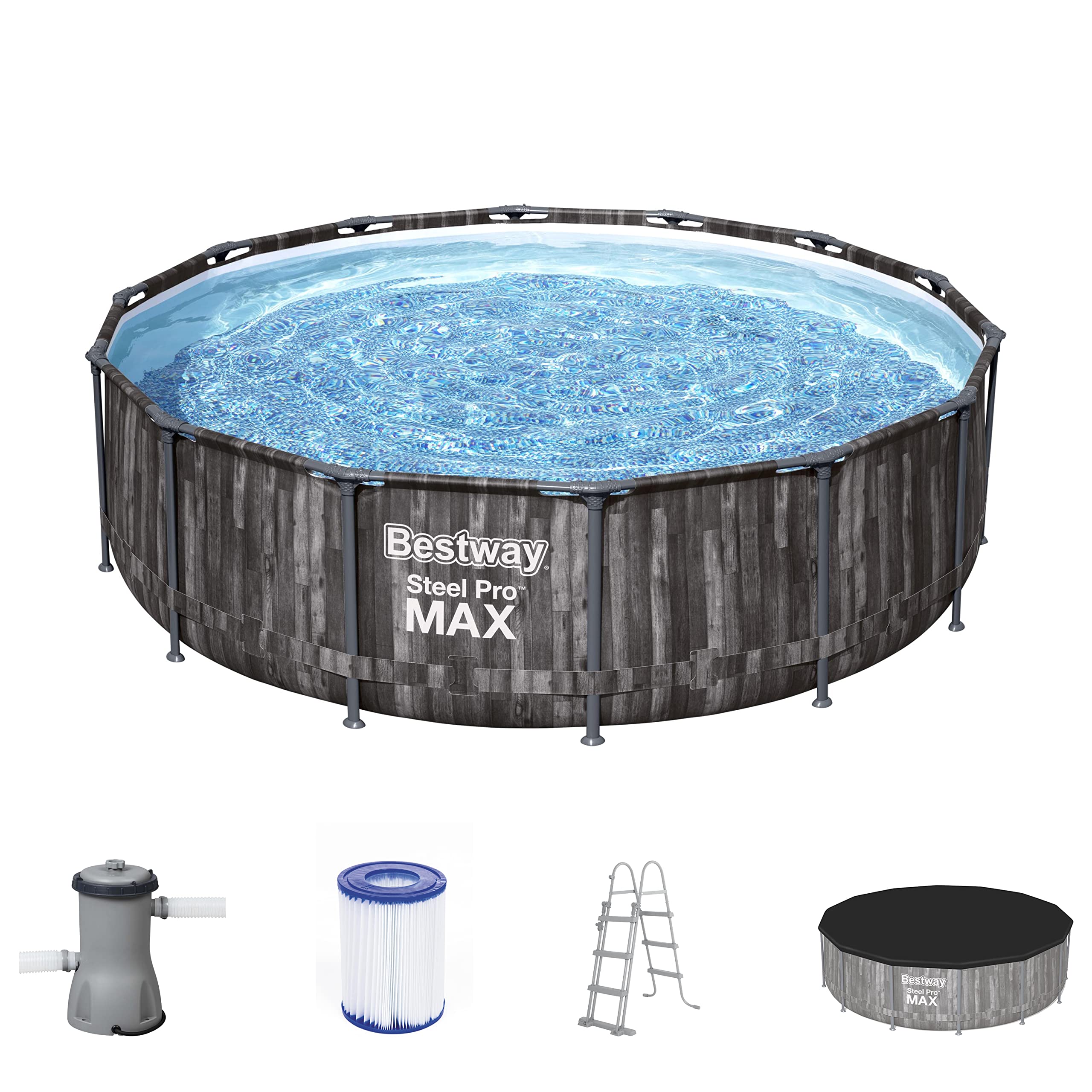 Bestway Steel Pro MAX Frame Pool Komplett-Set mit Filterpumpe Ø 427 x 107 cm, Holz-Optik (Mooreiche), rund