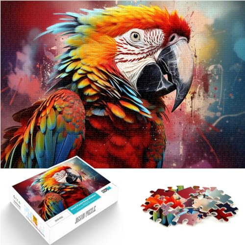 Puzzle für farbenfrohen psychedelischen Papagei, 1000 Puzzles für Erwachsene, Holzpuzzle mit passendem Poster und Wissensblatt, 1000 Teile (50 x 75 cm)