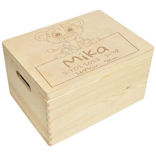 CHICCIE Erinnerungsbox personalisiert für Baby & Kind mit Gravur Tiger - Geburt Holzkiste für schöne Erinnerungen - Holz-Box Erinnerungskiste 40x30x23cm