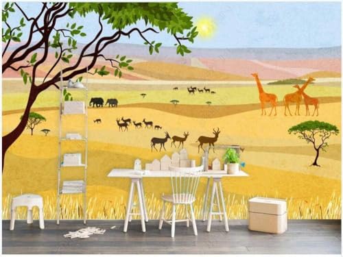 Cartoon Grasland Waldtiere Giraffe Elefant 3D Tapete Poster Restaurant Schlafzimmer Wohnzimmer Sofa TV Dekorative Wand-300cm×210cm