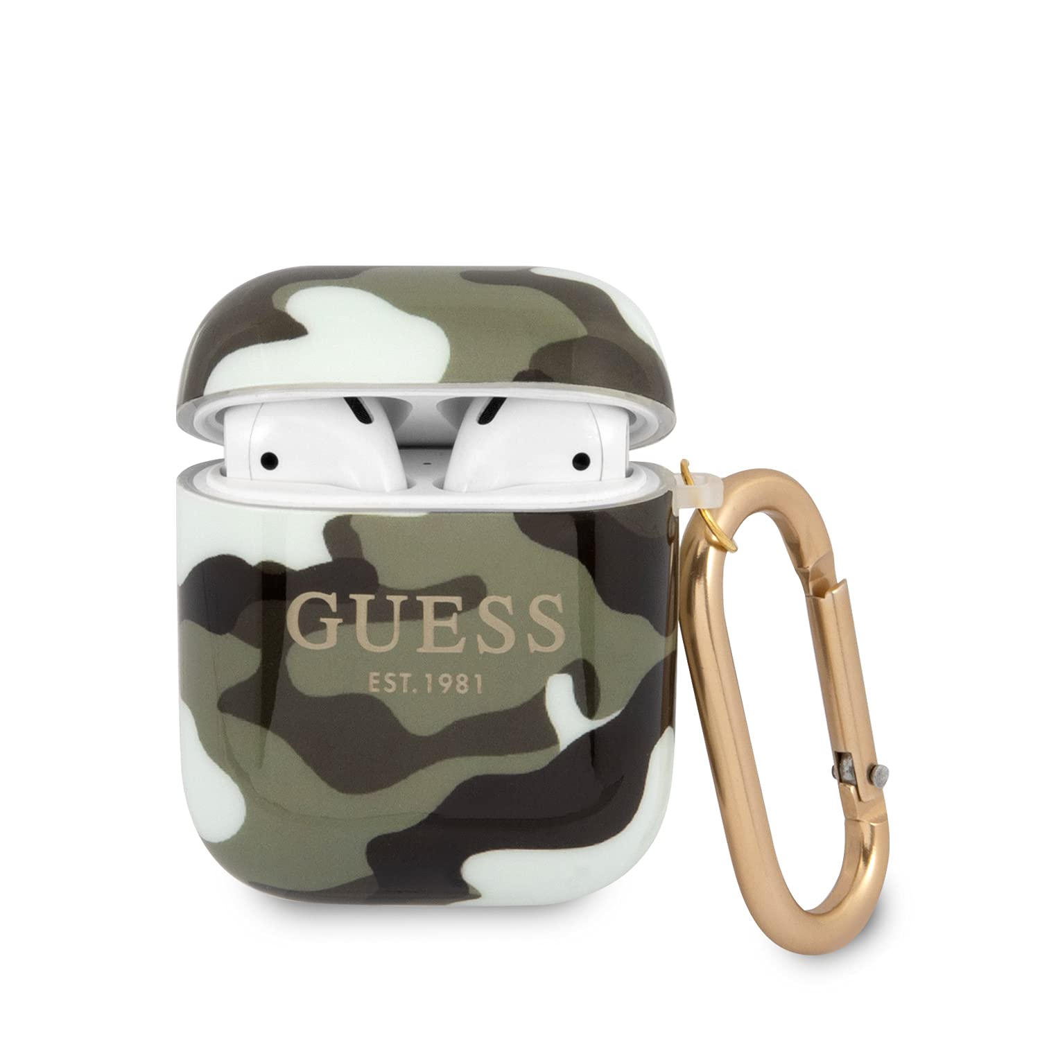 Guess Apple AirPods Cover Camouflage Khaki Silicone Schutzhülle Tasche Case Etui