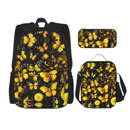 WURTON Gelbe Blumen Schmetterlinge Druck Lunchbox Federmäppchen Rucksack Set 3 Stück Verstellbare Träger Langlebig Leicht, Schwarz, One Size