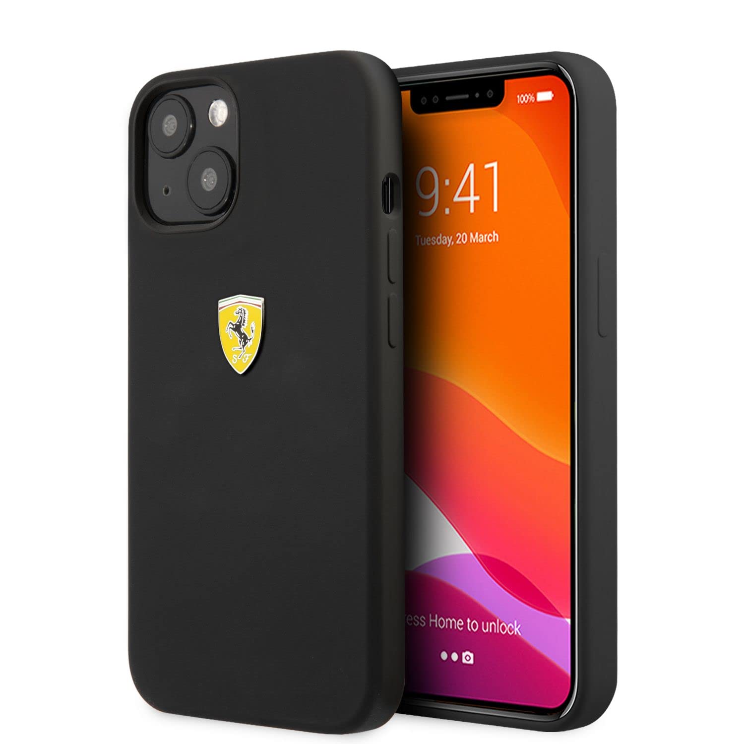 CG MOBILE Ferrari Schutzhülle für iPhone 13 Zoll (33 cm), komplett schwarz, mit Mikrofaser-Innenseite, Silikon, glatte und kratzfeste Schutzhülle mit einfachem Schnappverschluss, Stoßdämpfung und