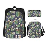 WURTON Aquarell-Kaktus-Druck, trendige Rucksacktaschen, Lunchbox und Federmäppchen, 3-in-1 verstellbares Rucksack-Set, Schwarz, Einheitsgröße, Schwarz , Einheitsgröße